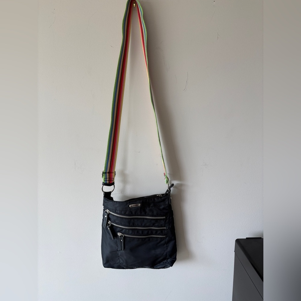 Franco Sarto Black Crossbody with Rainbow Polka Dot Interior